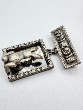 Vintage Pewter? Angry Bunny Looking In Mirror Dangling Bar Brooch Charm Weird